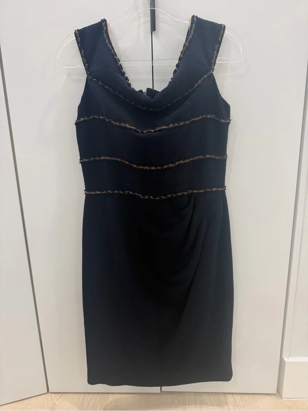 CHANEL Black Midi Dress with Gold Trim and Signature Charm